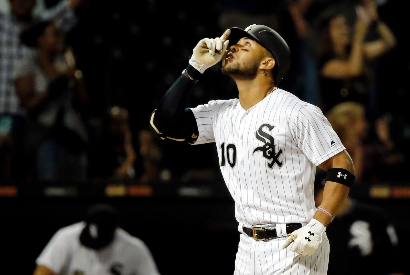 Yoan Moncada reacts after hitting a home run against the Astros during the ninth inning to tie the game at Guaranteed Rate Field on Aug. 10, 2017.