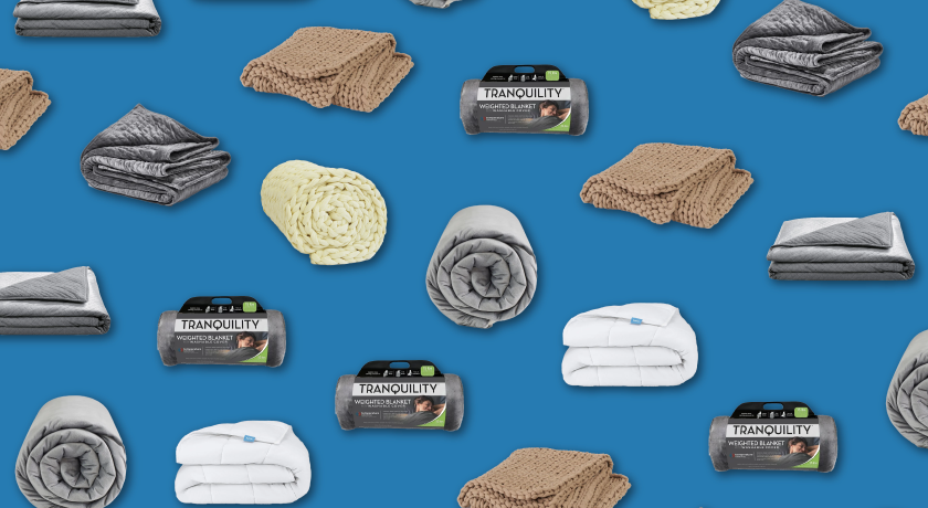 Composite image of several weighted blanket options against a blue background