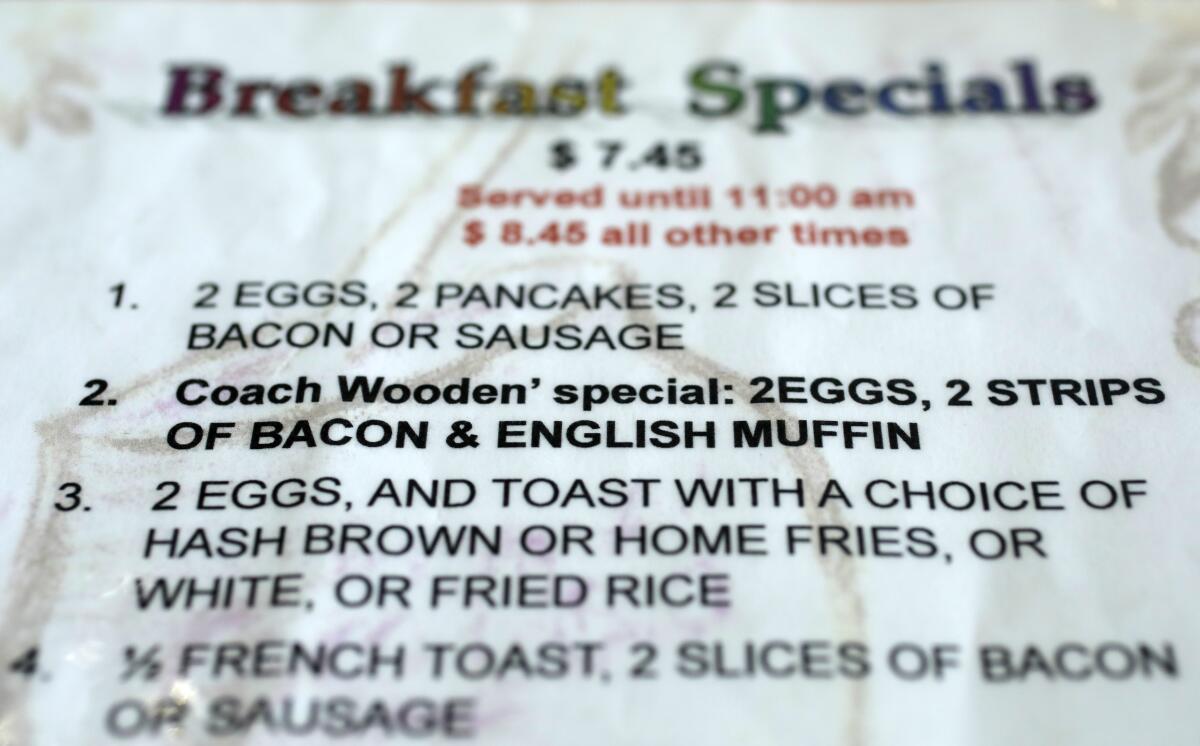 John Wooden's favorite dish is listed on the menus at VIP's Cafe as Coach Wooden's special.