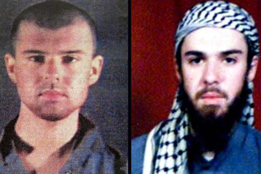 Story Slug: alindh14.ART This is a undated handout photo combo of "American Taliban" John Walker Lindh. Photo at left was made available 06 February 2002 by the Alexandria, Virginia's Sheriff's Department. Photo at right is from the record of an Islamic religious school in Pakistan which Walker Lindh attended. Walker Lindh is in court in Alexandria 01 April 2002 where US District Judge T.S. Ellis is scheduled to consider the defense request for access to government evidence. AFP PHOTO ORG XMIT: DCA99