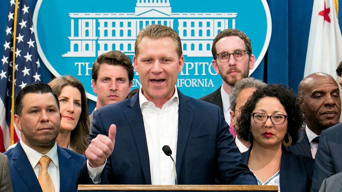 Assembly Republican leader Chad Mayes of Yucca Valley discusses the cap-and-trade bill at the Capitol in Sacramento on July 17. Mayes joined with six of his GOP colleagues in voting for the bill.