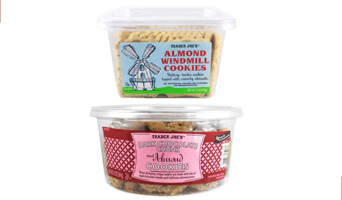 Two containers of cookies, labeled Almond Windmill Cookies and Dark Chocolate Chunk and Almond Cookies.