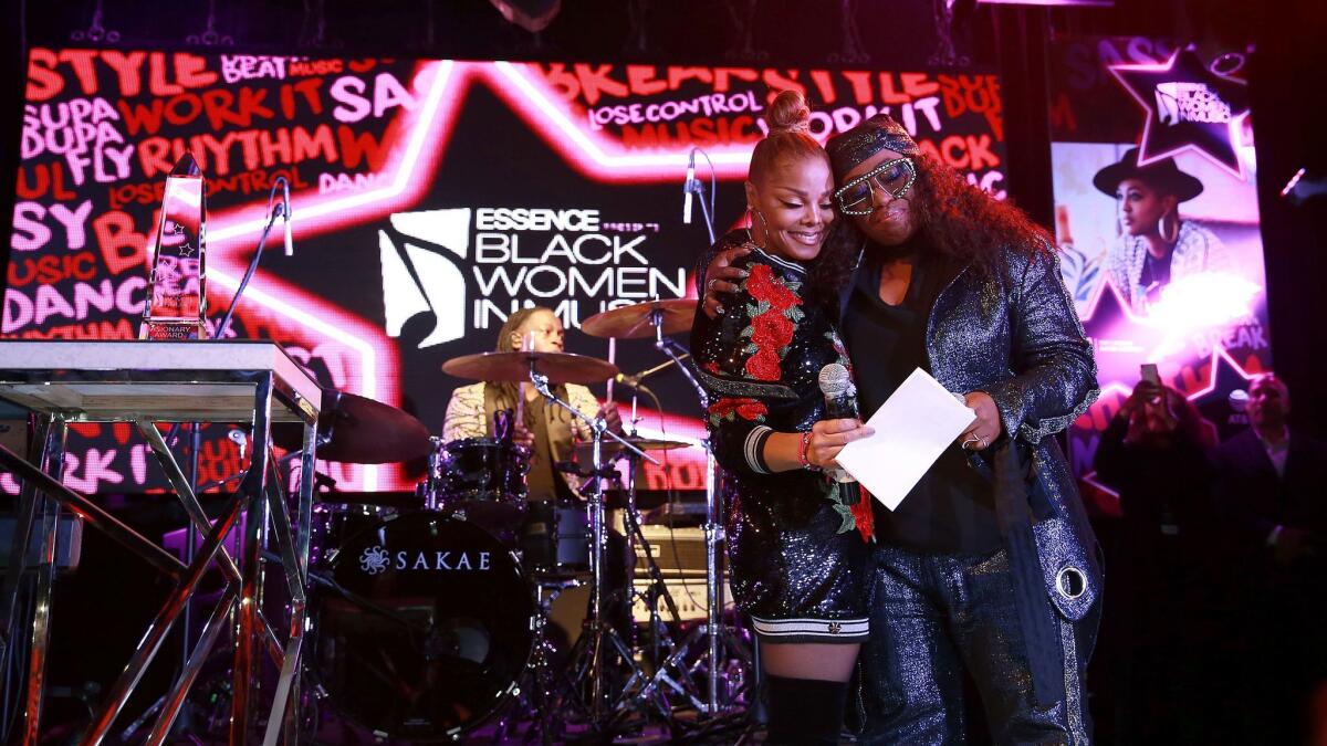 Janet Jackson, left, and Missy Elliott attend the ninth Essence Black Women in Music event at the Highline Ballroom on Jan. 25, 2018, in New York.