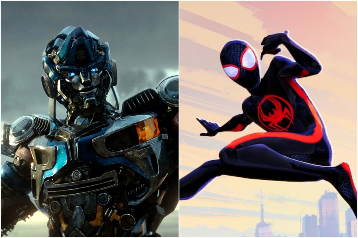 A split image of a CGI robot from 'Transformers: Rise of the Beasts' and a cartoon Spider-Man from 'Across the Spider-Verse'