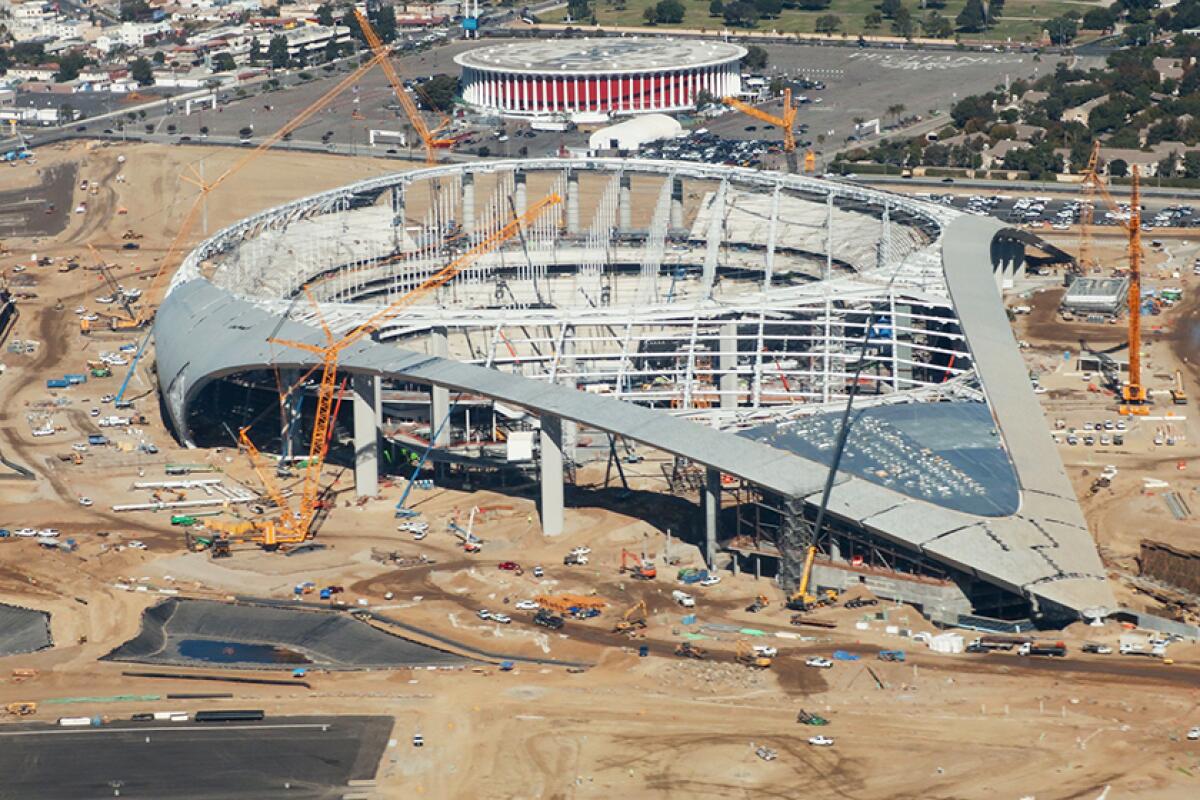 An Oct. 23, 2019, aerial view of SoFi Stadium, still under construction, in Inglewood.