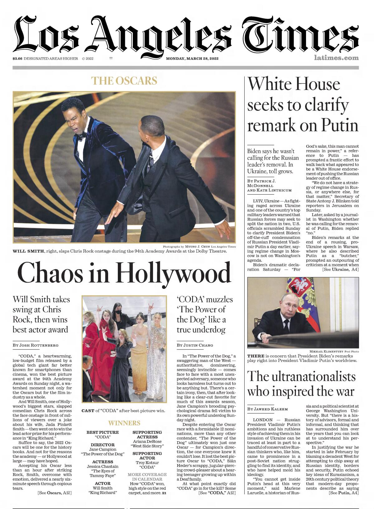 Front page of the Los Angeles Times depicting Will Smith taking a swing at Chris Rock at the Oscars