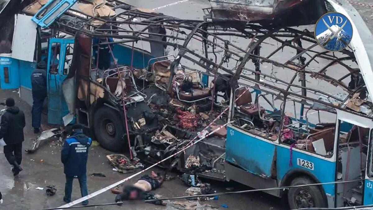 This screen grab made from a video taken Dec. 30 and posted on website vdagestan.com shows the scene of a suicide attack in a trolley bus in Volgograd.
