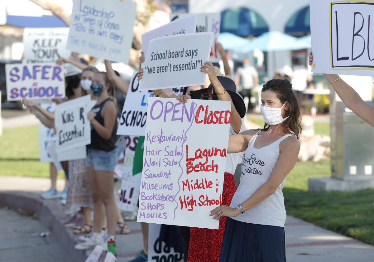 Laguna Beach parents demonstrate to open Thurston Middle School and Laguna Beach High School on Oct. 2.