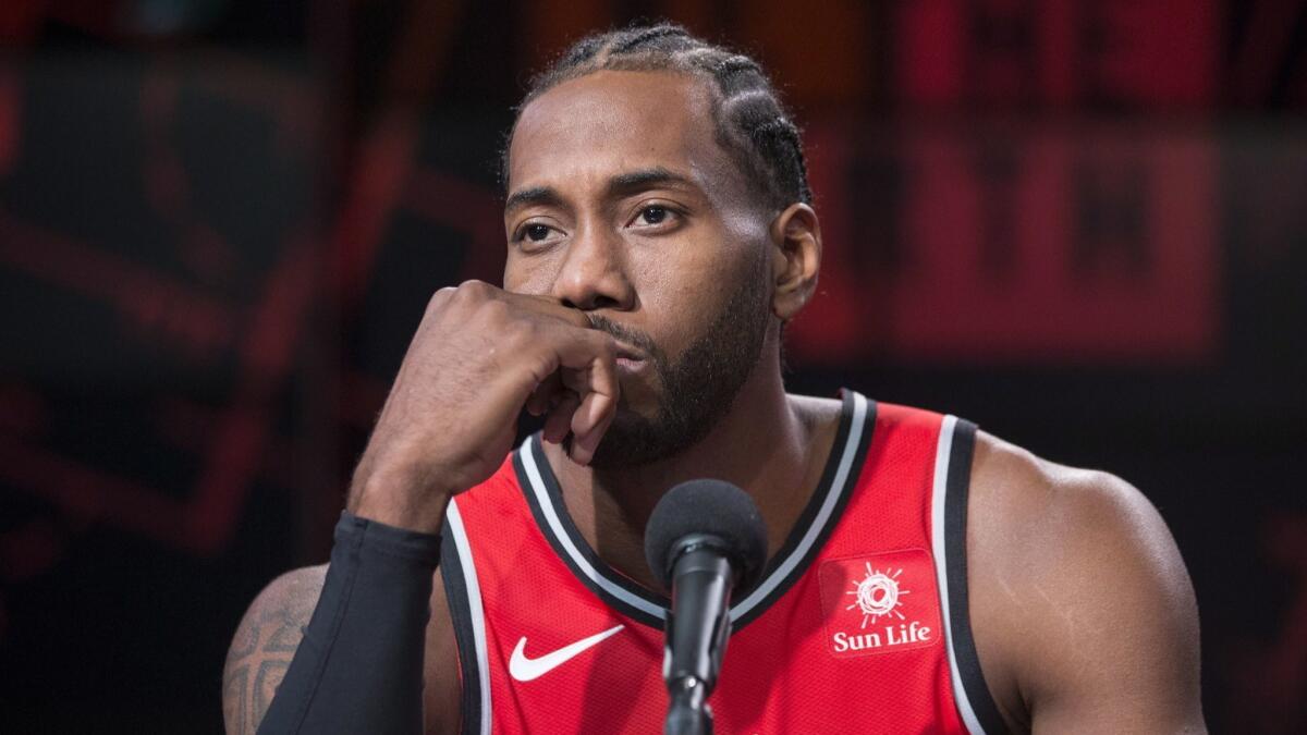 Raptors forward Kawhi Leonard addresses the media for the first time since getting traded from San Antonio.