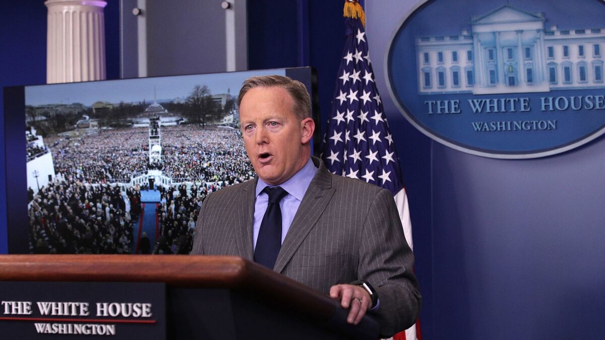 Sean Spicer's first press conference as White House Press Secretary, January 21, 2017, when he discussed the size of the crowd at President Trump's inauguration.