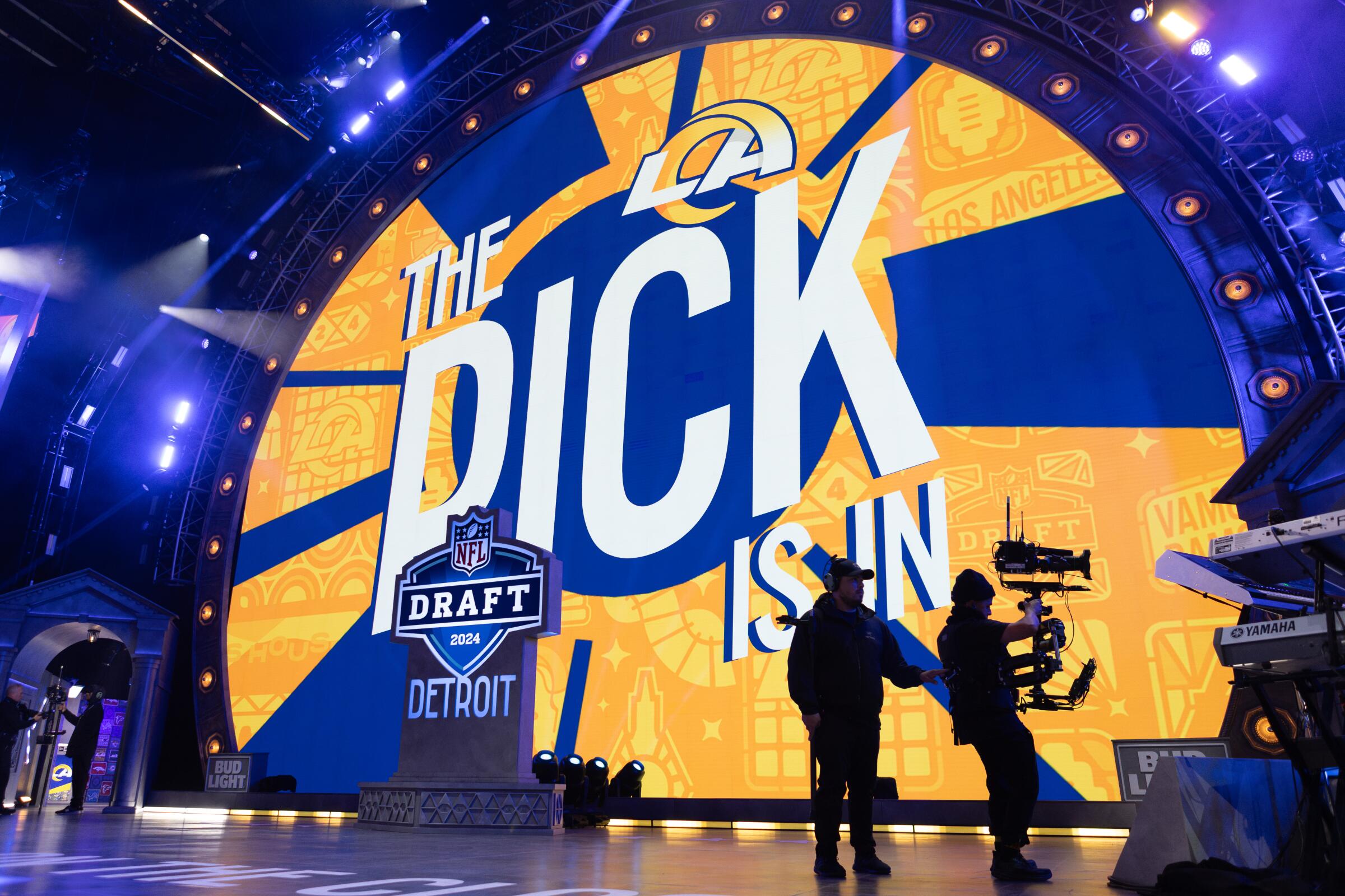 The NFL draft stage in Detroit before a Rams selection.