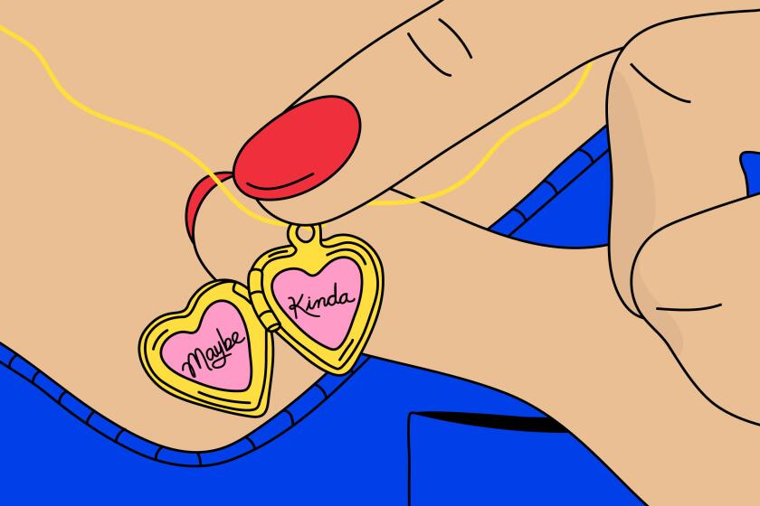 Illustration of a hand holding a locket necklace open that says "maybe kinda" on the inside