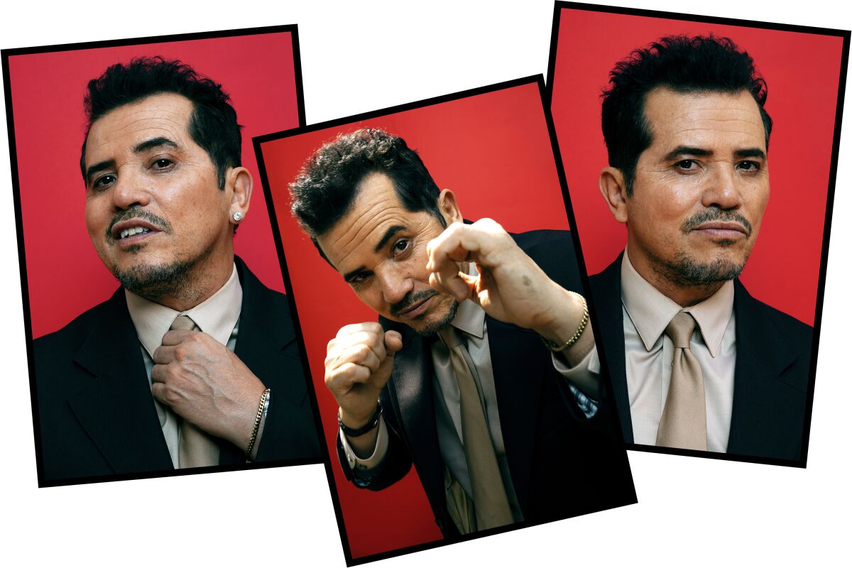 A triptych of portraits of actor John Leguizamo in coat and tie. 
