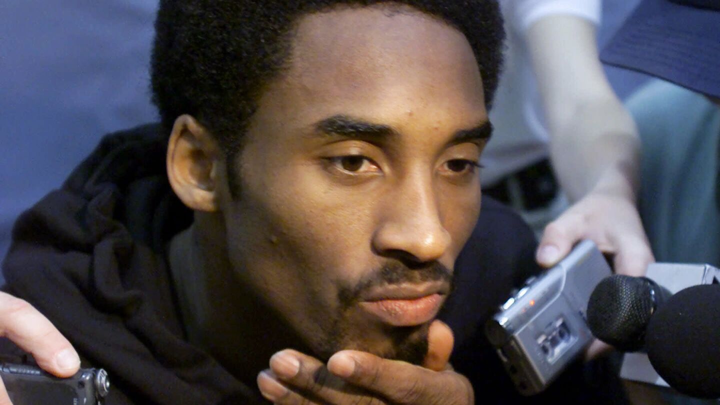 Lakers star Kobe Bryant speaks with reporters at the team's practice facility in El Segundo on May 2, 2000.