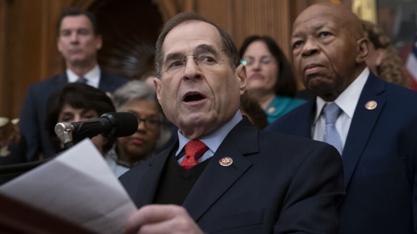 Rep. Jerrold Nadler (D-N.Y.), chairman of the House Judiciary Committee, joined at right by Rep. Elijah E. Cummings (D-Md.), speaks to House Democrats at the Capitol on March 4.