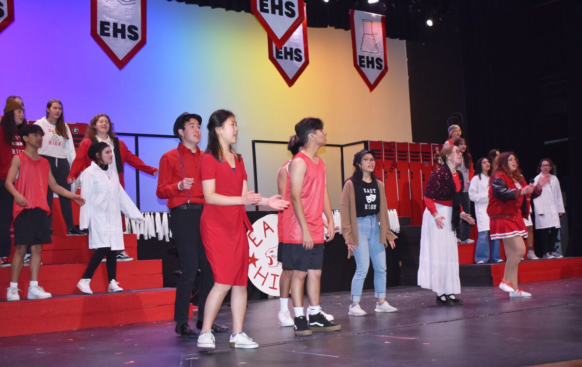 Rancho Bernardo High students rehearsing a scene in Disney’s “High School Musical.”