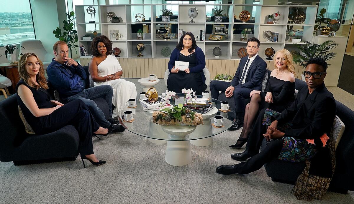 The Envelope’s TV drama actors roundtable included (from left to right): Jodie Comer, Bob Odenkirk, Lorraine Toussaint, Los Angeles Times reporter Yvonne Villarreal, Jason Bateman, Patricia Clarkson and Billy Porter.