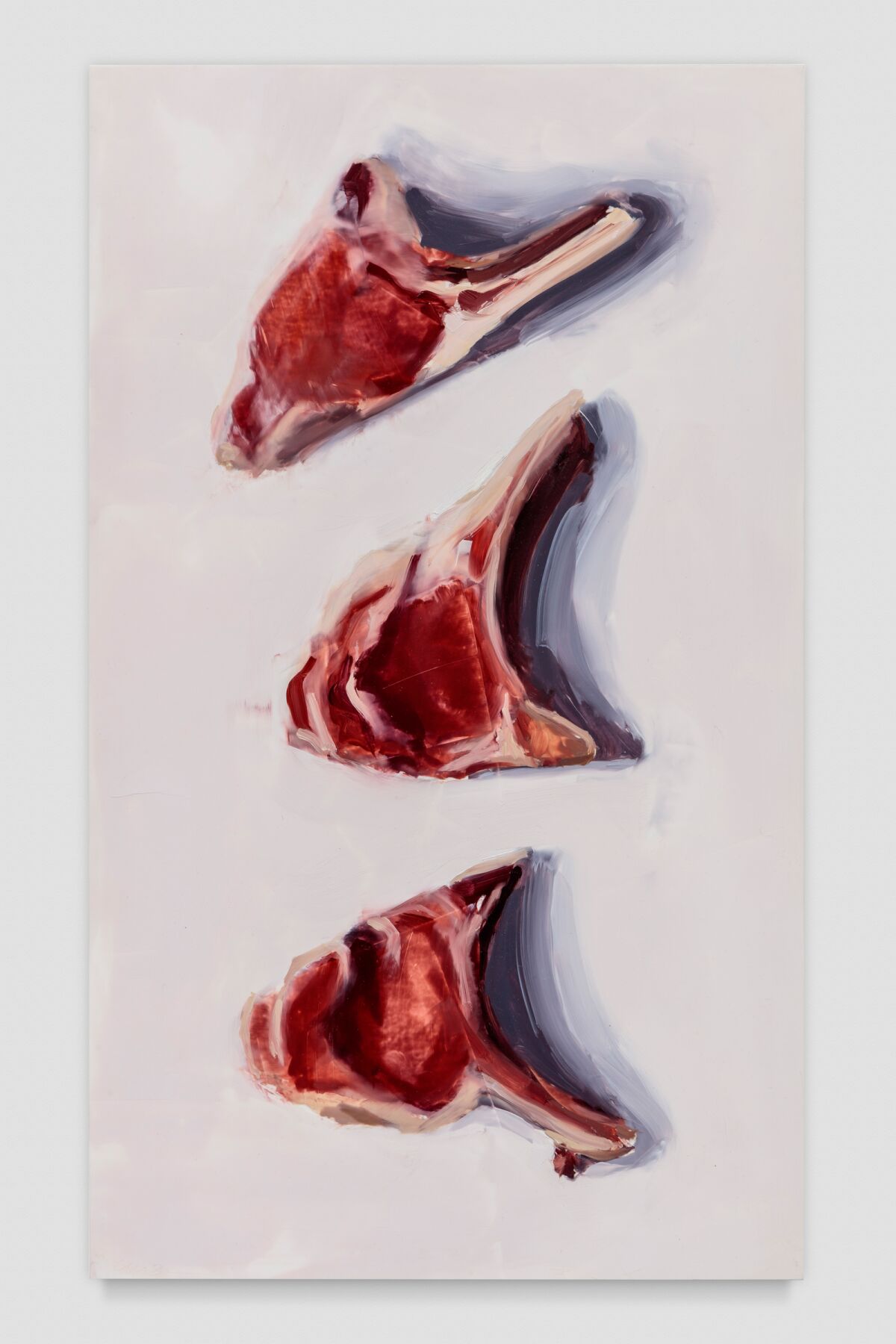 An artwork featuring three painted lamb chops arranged vertically on a white background