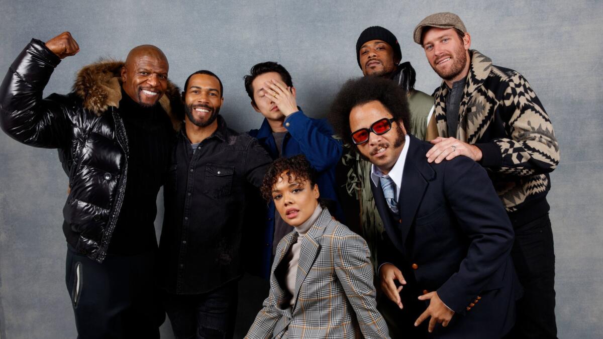 Actor Terry Crews, actor Omari Hardwick, actress Tessa Thompson, actor Steven Yeun, director Boots Riley, actor LaKeith Stanfield and actor Armie Hammer from “Sorry to Bother You” photographed in the L.A. Times Studio at Chase Sapphire on Main during the Sundance Film Festival.