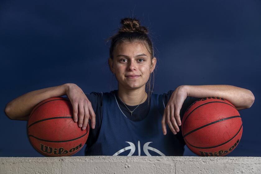 Camarillo, CA - December 13, 2021: Gabriela Jaquez, a senior, forward on the Camarillo High School girls basketball team, is photographed on the campus. Gabriela, the sister of Jaime Jaquez Jr., a guard/forward on the UCLA mens basketball team, has committed to playing next year for the UCLA women's basketball team. (Mel Melcon / Los Angeles Times)