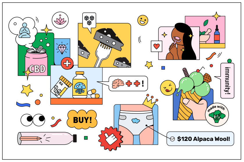 colorful illustration of trendy wellness products including CBD drinks, charcoal cheese, $120 wool underwear, immunity ice cream, etc.