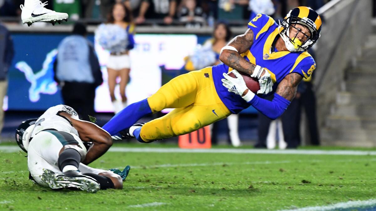 Rams receiver Josh Reynolds is tackled just short of the goal line by Eagles defensive back Rasul Douglas during the fourth quarter Sunday.