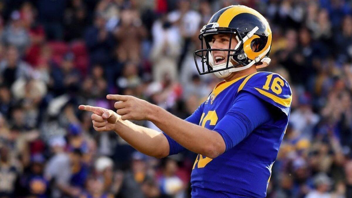 Rams quarterback Jared Goff celebrates a touchdown pass against the 49ers last season.