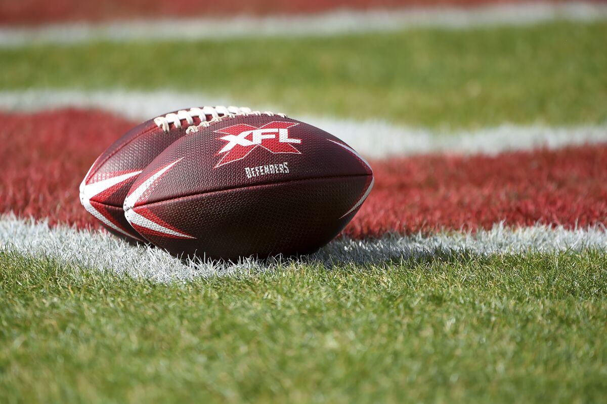 A detailed view of XFL DC Defenders footballs sitting on the field prior to the start of a game 