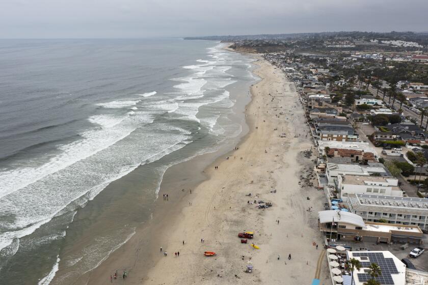 Del Mar, CA - June 2: A 46-year-old swimmer was attacked by a shark about 100 yards offshore from the main lifeguard tower at 17th Street, bottom right, on Sunday, June 2, 2024 in Del Mar, CA. (K.C. Alfred / The San Diego Union-Tribune)
