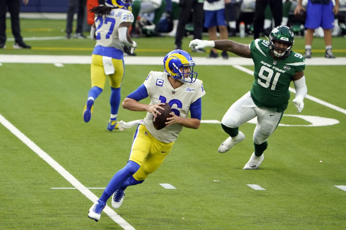 Rams quarterback Jared Goff looks for a receiver against the New York Jets on Sunday.