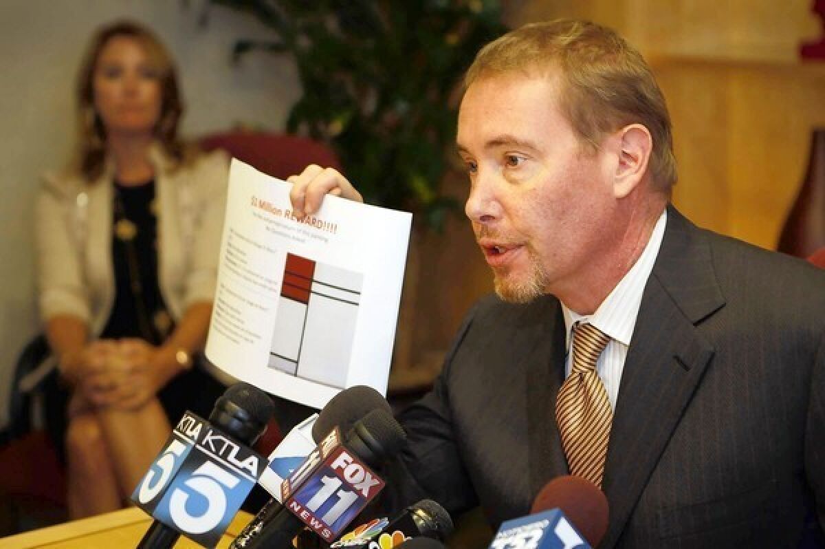 Star bond manager Jeffrey Gundlach holds a news conference to announce a reward for the safe return of his art. Gundlach has given few details about the crime, which he said he discovered Sept. 14 after returning from a two-day business trip to New York.