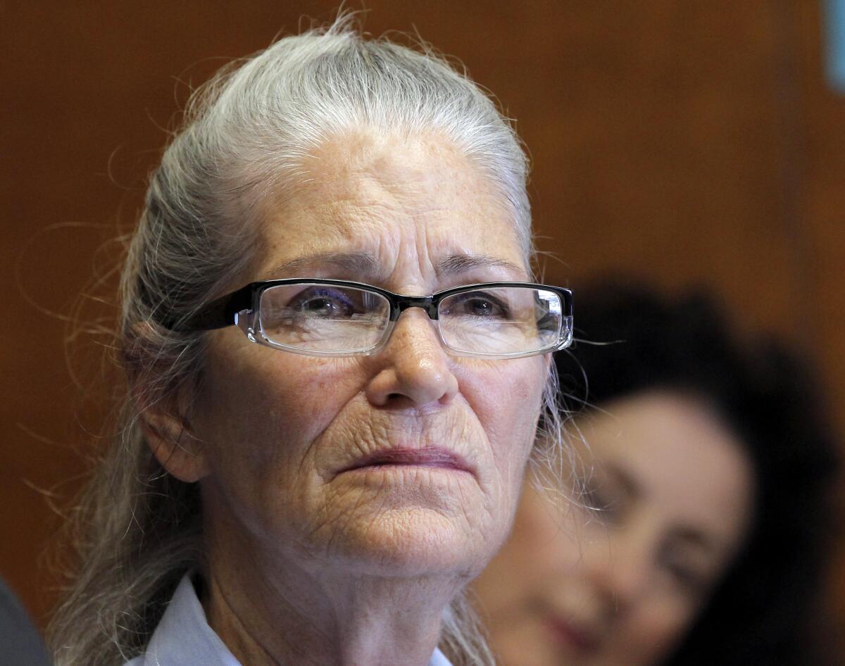 Leslie Van Houten, who was convicted of two counts of murder, is seen at her parole hearing in Chino in 2013.