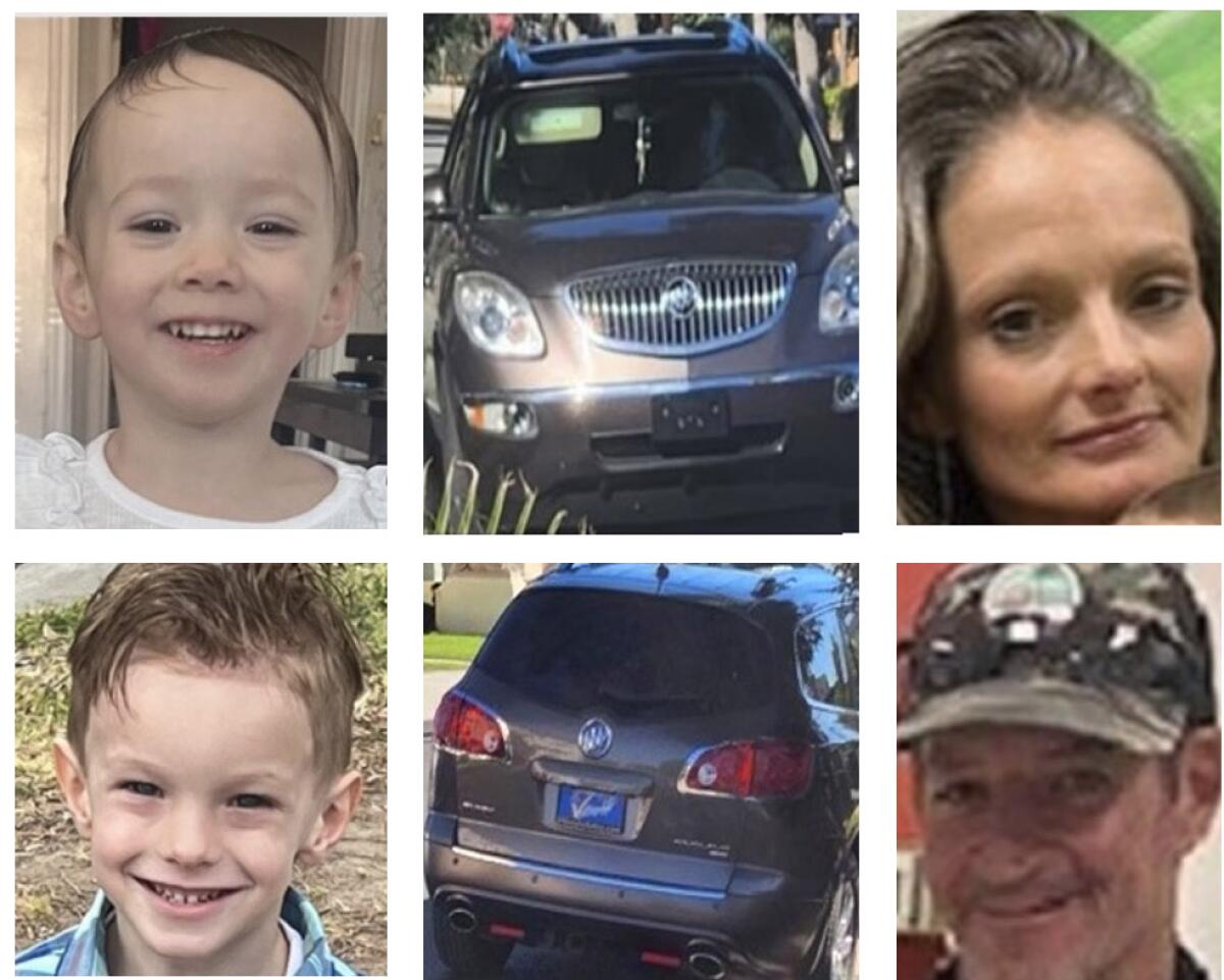 Photos of two children, two adults and two cars 