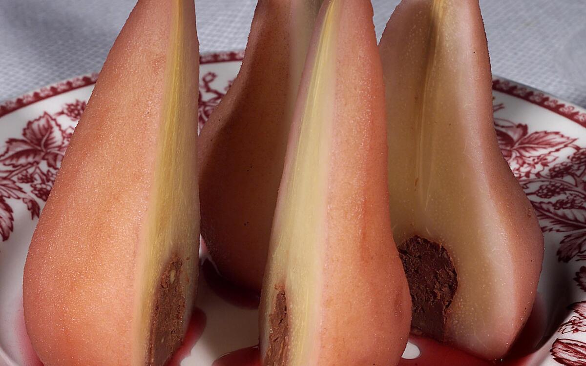 Poached Pears Filled  With Chocolate  Hazelnut Ganache