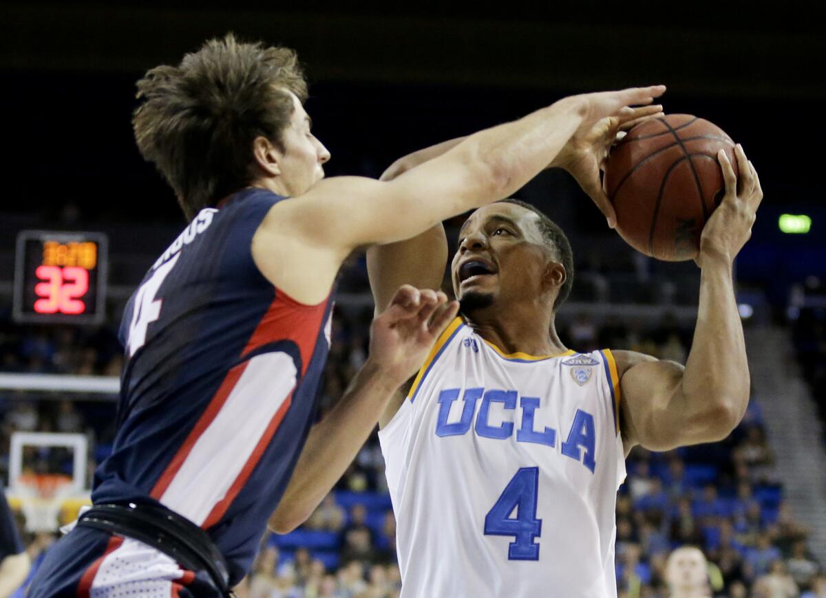 UCLA guard Norman Powell is blocked by Gonzaga's Kevin Pangos during the second half of the Bruins' loss to the Bulldogs, 87-74.