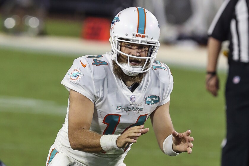 Miami Dolphins quarterback Ryan Fitzpatrick waits for the snap during a game.