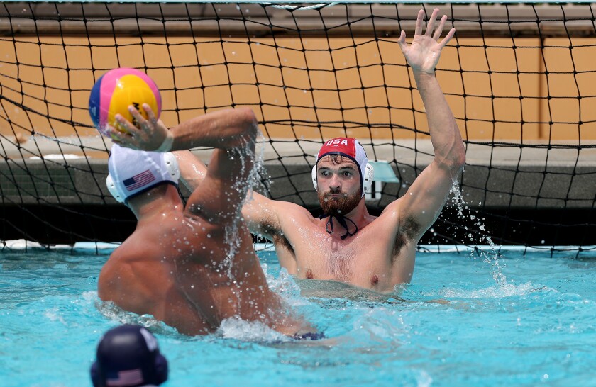 Goalkeeper Alex Wolf defends the net during a recent practice at Sage Hill School.