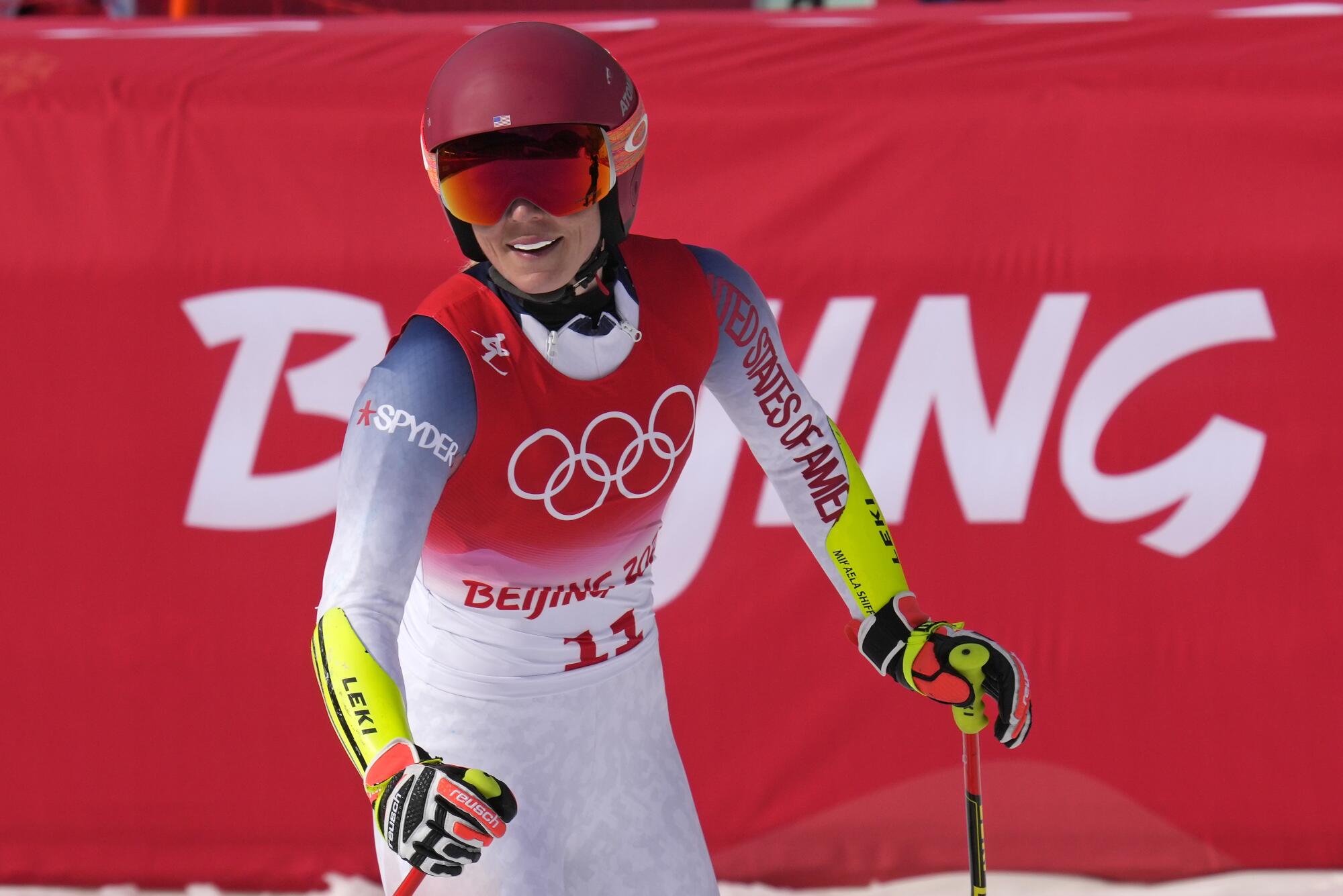 Mikaela Shiffrin reacts after finishing the women's super-G at the 2022 Olympics.