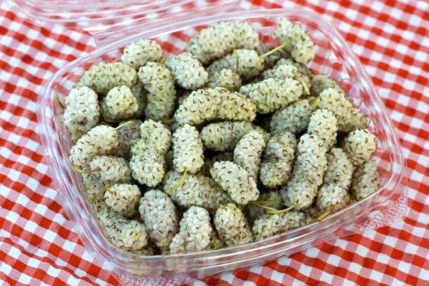 White mulberries grown by Mud Creek Ranch in Santa Paula, at the Wednesday Santa Monica farmers market.