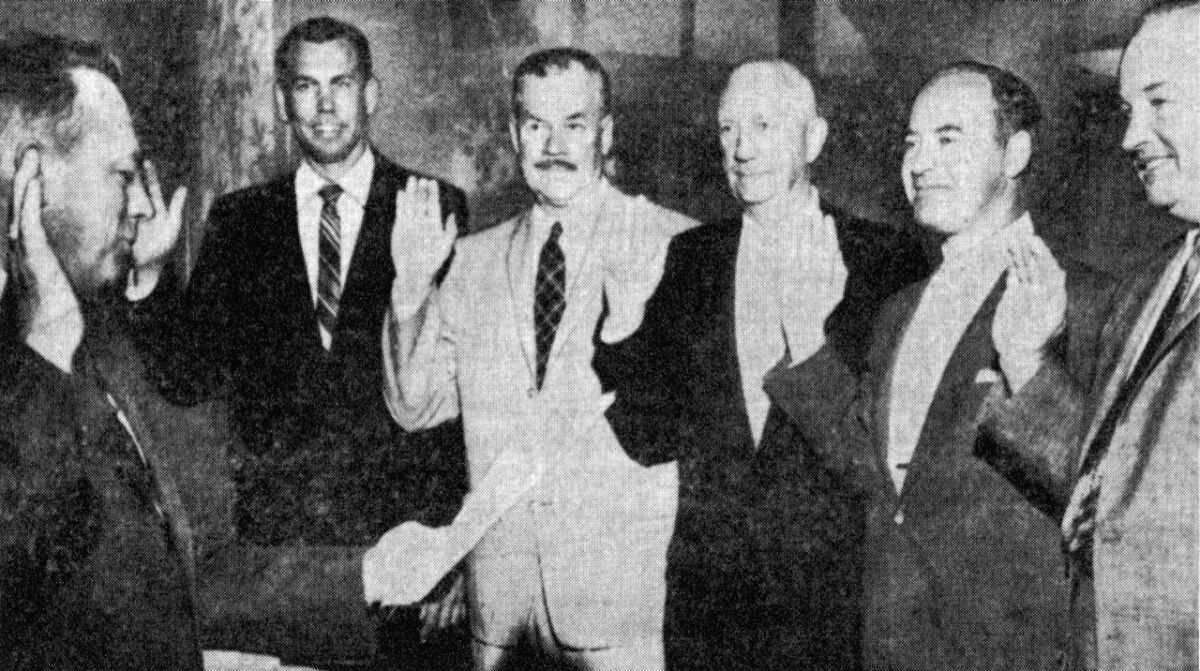On July 15, 1959, the date when Del Mar officially incorporated, City Clerk Bud James, left, swore in City Council members John Barr, Tom Douglas, Henry Billings, Clayton Jack and Elwood Free.<br>