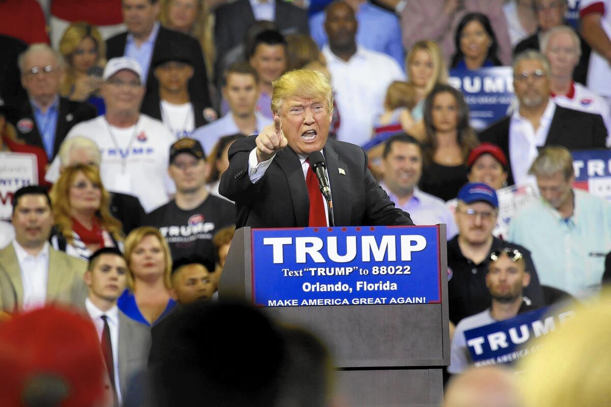 Donald Trump at a campaign rally in Florida. In a January poll of California’s GOP voters, Trump and Ted Cruz were pretty much tied for the lead.