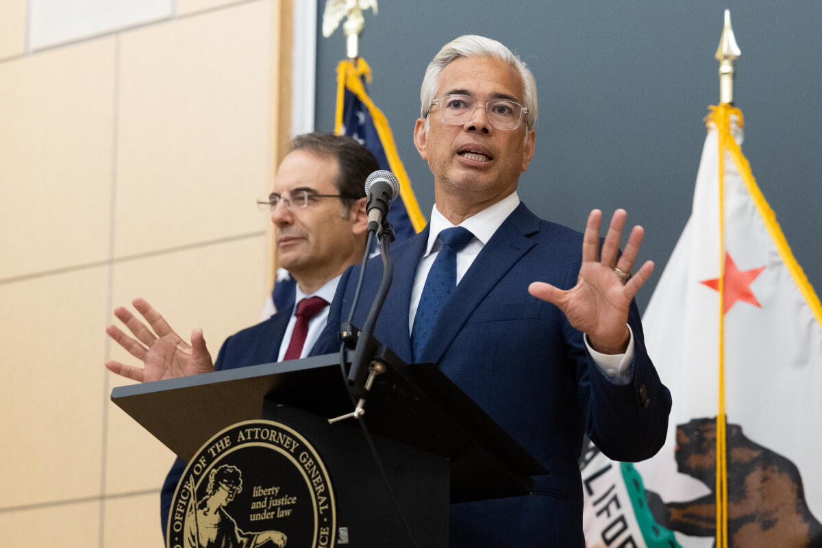 Attorney General Rob Bonta speaks at a news conference after court at the Ronald V. Dellums Federal Building and U.S. Courthouse