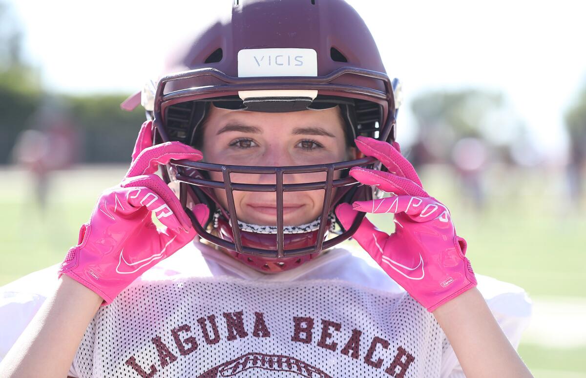 Laguna Beach football player Bella Rasmussen at practice on Tuesday.