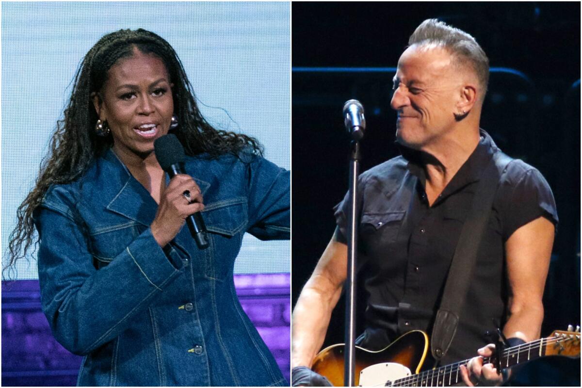 A split image of Michelle Obama speaking into a microphone and Bruce Springsteen playing guitar.