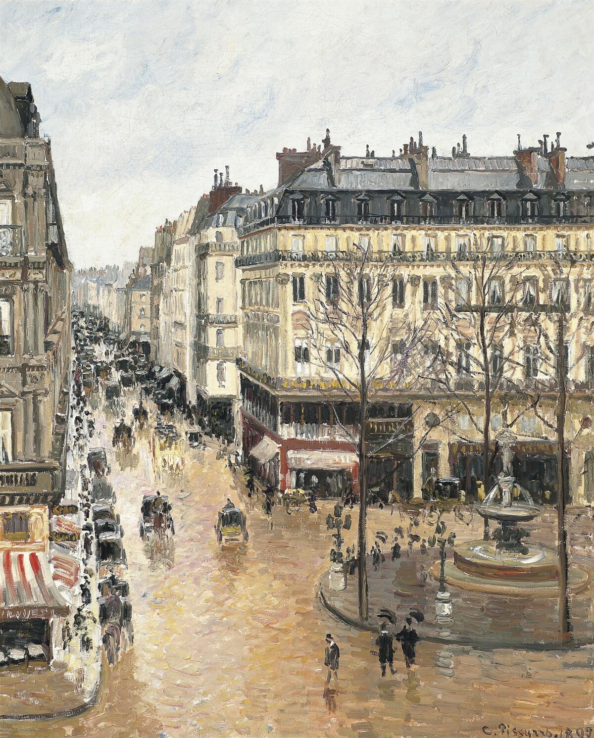 The painting of a street scene titled 'Rue Saint-Honoré in the Afternoon. Effect of Rain. '