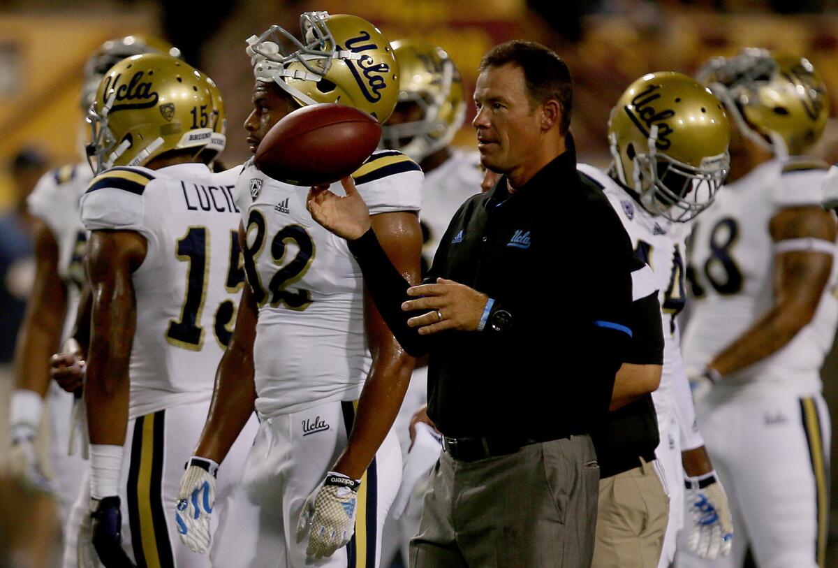 UCLA Coach Jim Mora's Bruins are ranked No. 9 in the College Football Playoff ranking, but wins against USC, Stanford and then a Pac-12 championship victory over Oregon could put them on the road to the national championship.