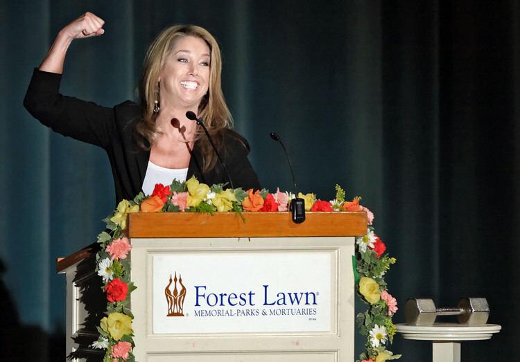 Fitness buff Denise Austin talks about making muscles with Jack LaLanne during the celebration of his life.
