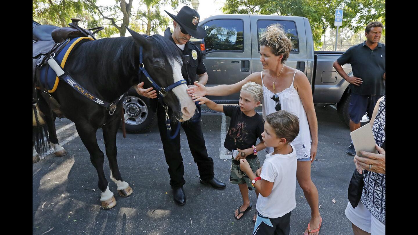 Christie Ferentz, right, and her sons Dylan, 6, bottom left, and Tyler, 4, meet police officer Matthew Graham and his horse Stogie during a Newport Beach Police Department safety fair in celebration of National Night Out on Tuesday at Bonita Canyon Sports Park.