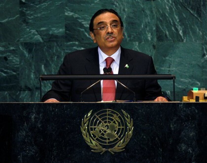 President of Pakistan Asif Ali Zardari speaks at United Nations Headquarters in New York, Thursday, Nov. 13, 2008. (AP Photo/Seth Wenig)
