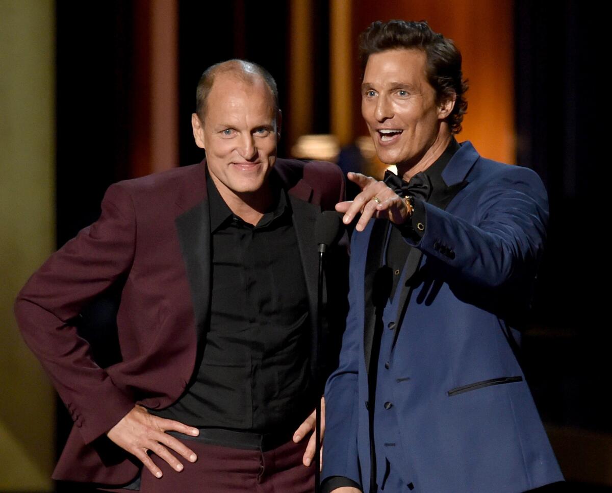Woody Harrelson and Matthew McConaughey banter onstage at the Emmys. Both nominees would come away empty-handed.